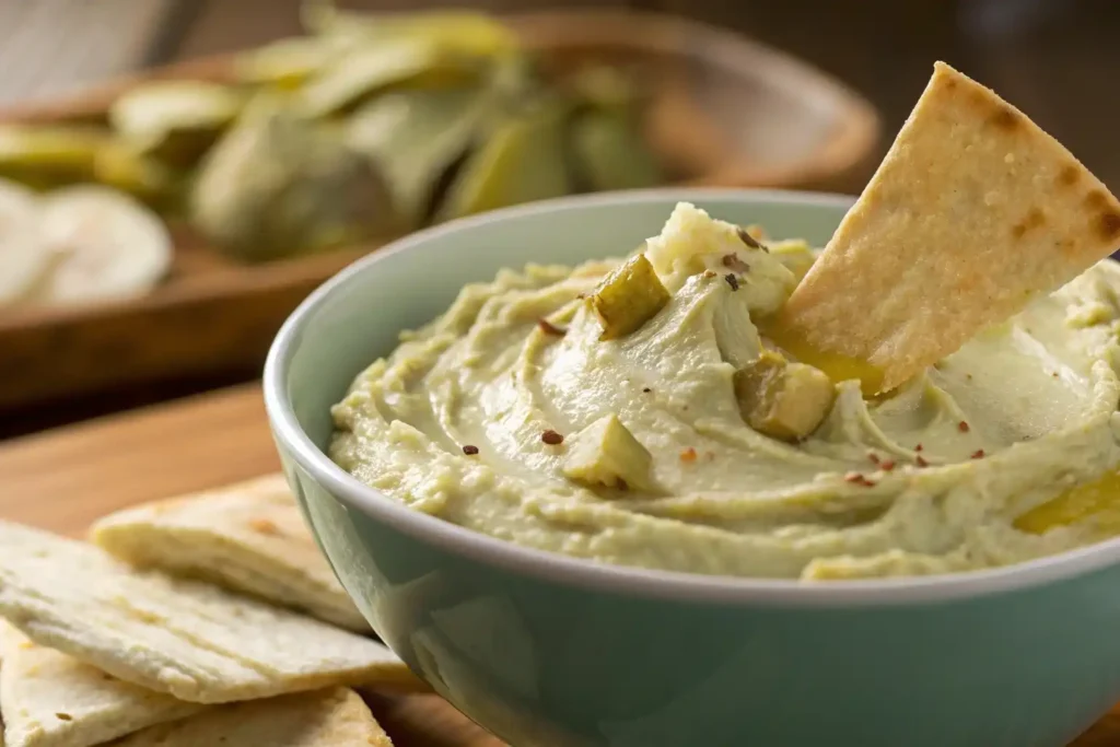 A beautifully styled bowl of creamy artichoke hummus