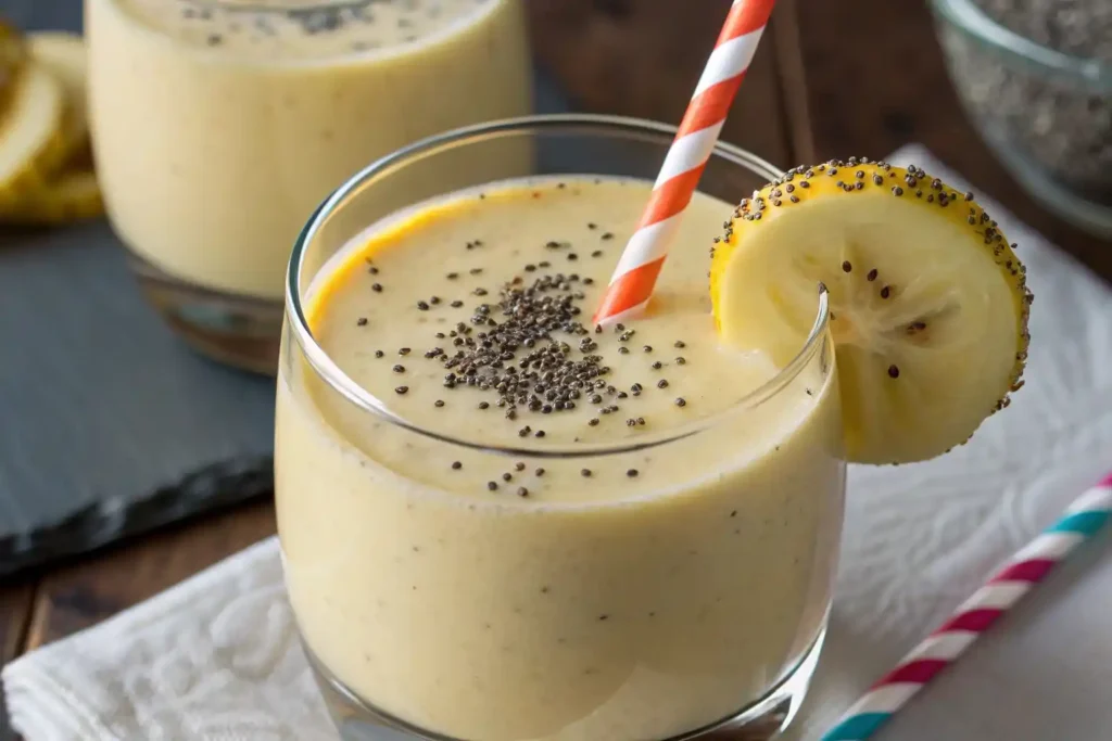A beautifully styled glass of creamy banana smoothie