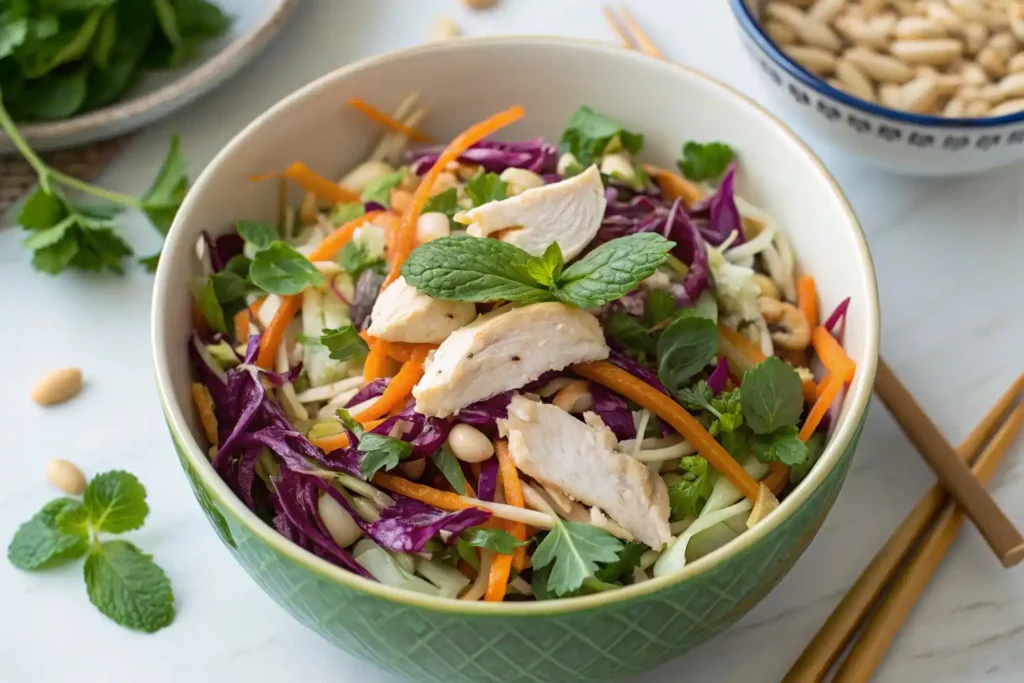 A colorful bowl of chicken and cabbage salad with nuoc cham dressing