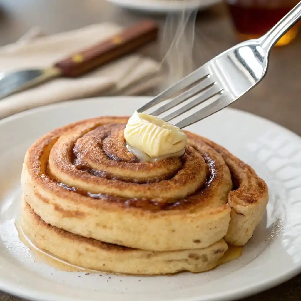 A beautifully styled stack of cinnamon roll pancakes with caramel yogurt
