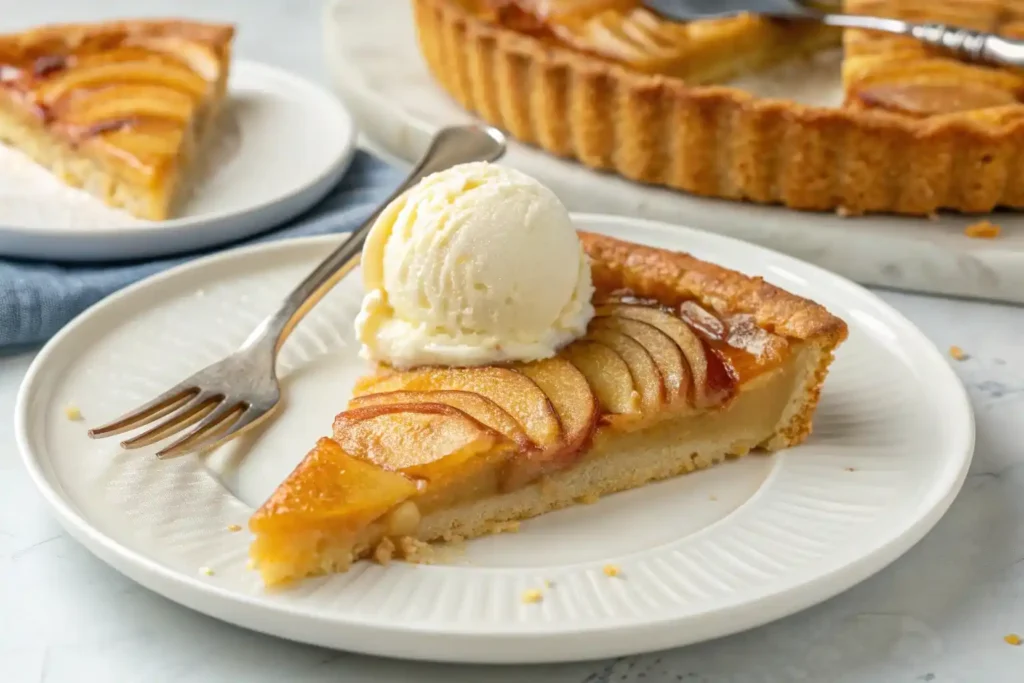 A beautifully styled French apple tart with perfectly arranged apple slices