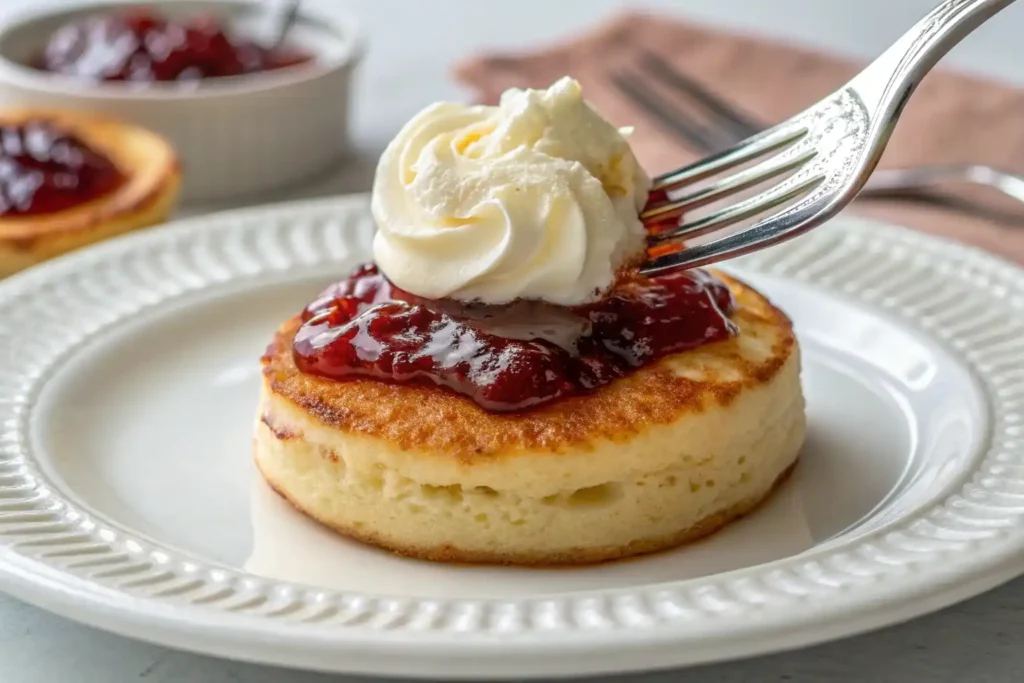 A beautifully styled stack of Australian pikelets with jam and cream