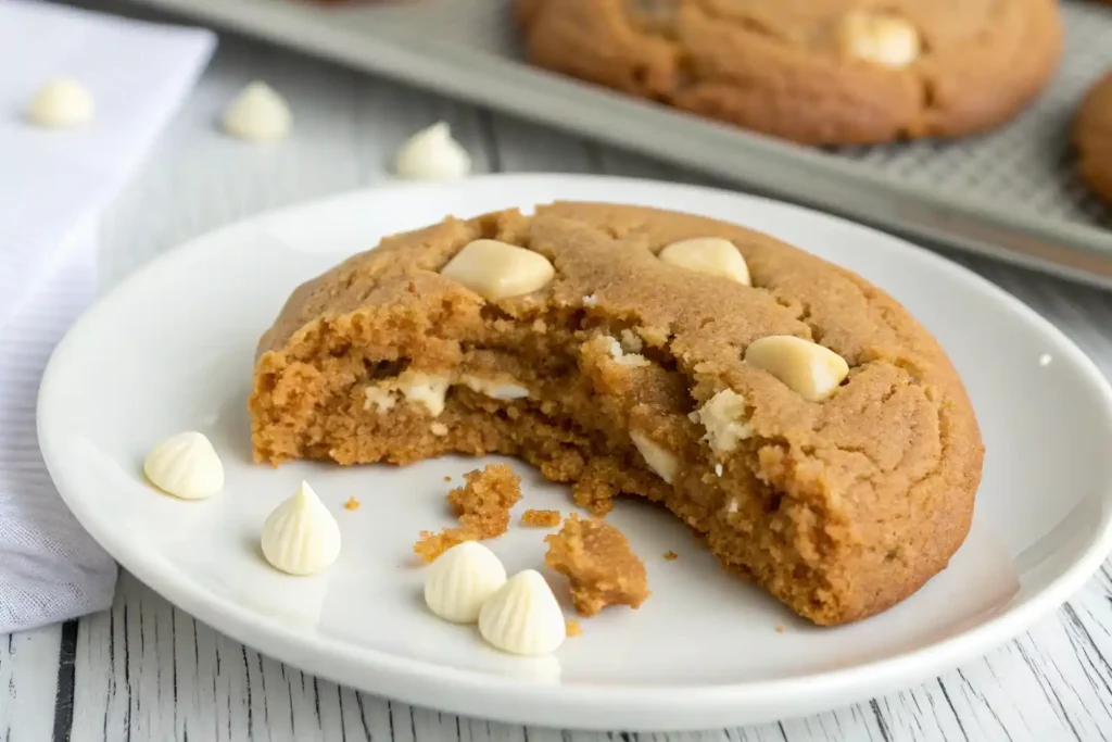 A beautifully styled stack of Biscoff stuffed cookies showing the gooey center