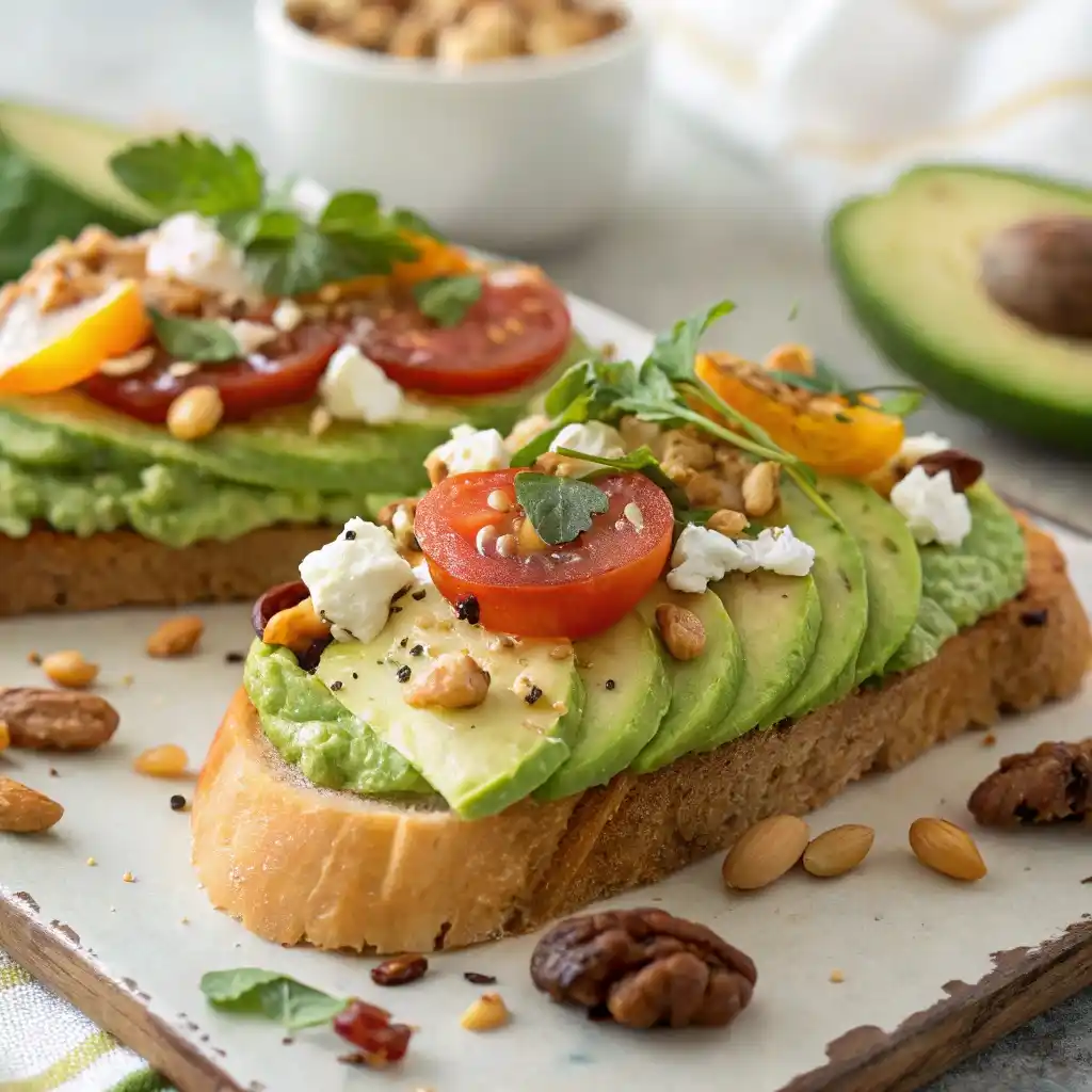 Final version of gourmet tomato and herb avocado toast served and ready to eat