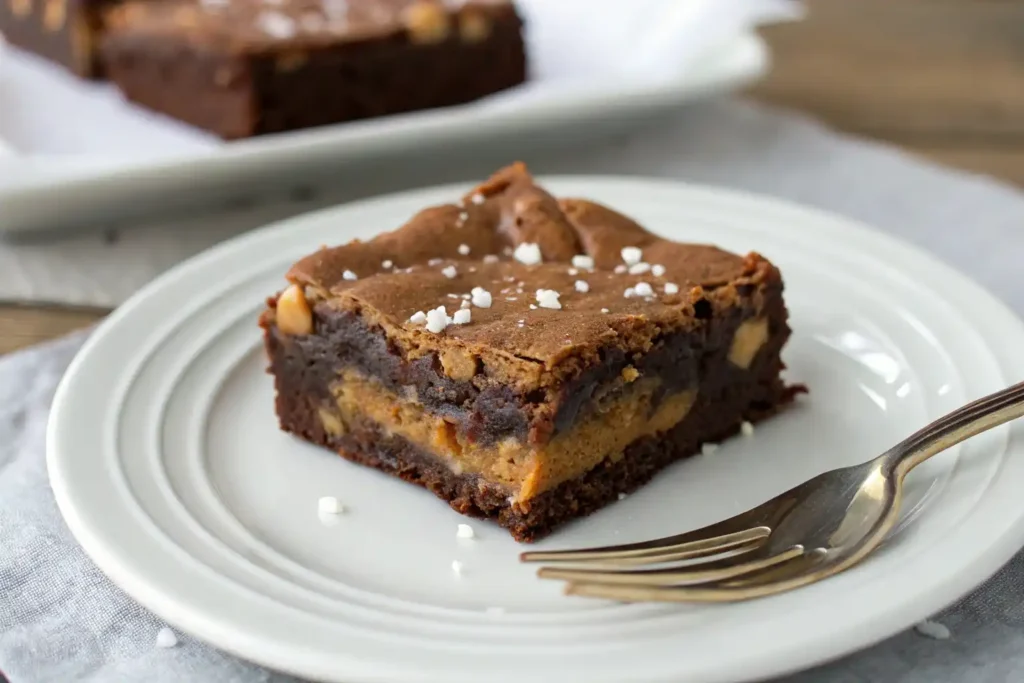 A beautifully styled stack of peanut butter stuffed brownies showing the layers