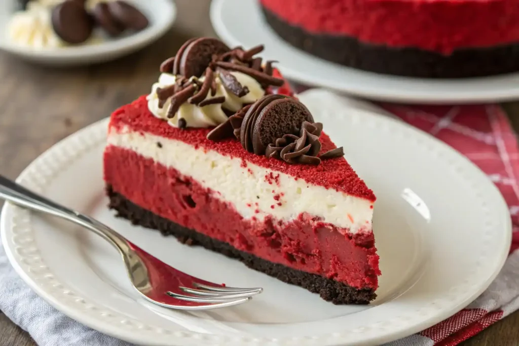A beautifully styled red velvet cheesecake with whipped cream and chocolate shavings