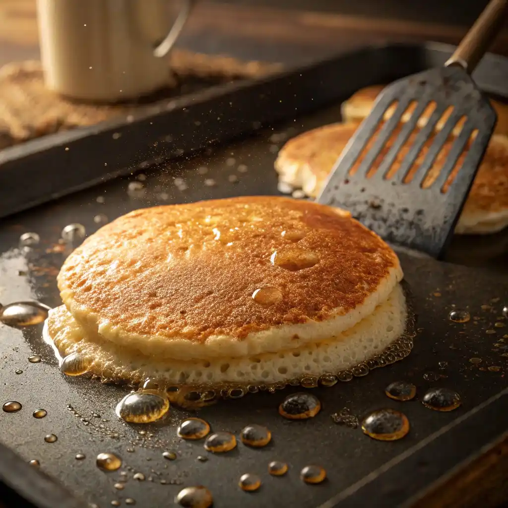 Final version of wheat pancake cooking on griddle ready to flip