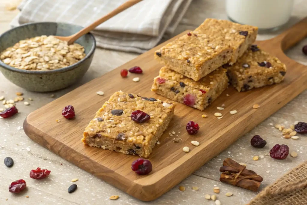 Golden healthier flapjacks cut into squares showing oats, seeds, and dried fruit