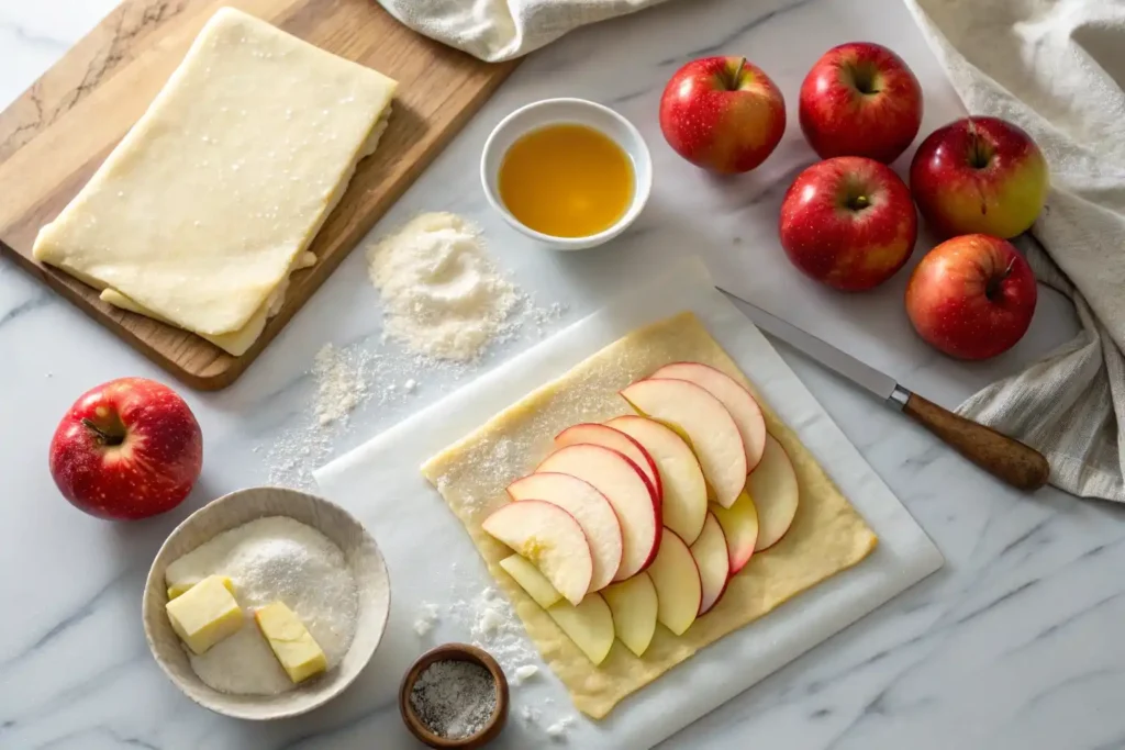 A beautifully styled French apple tart with perfectly arranged apple slices