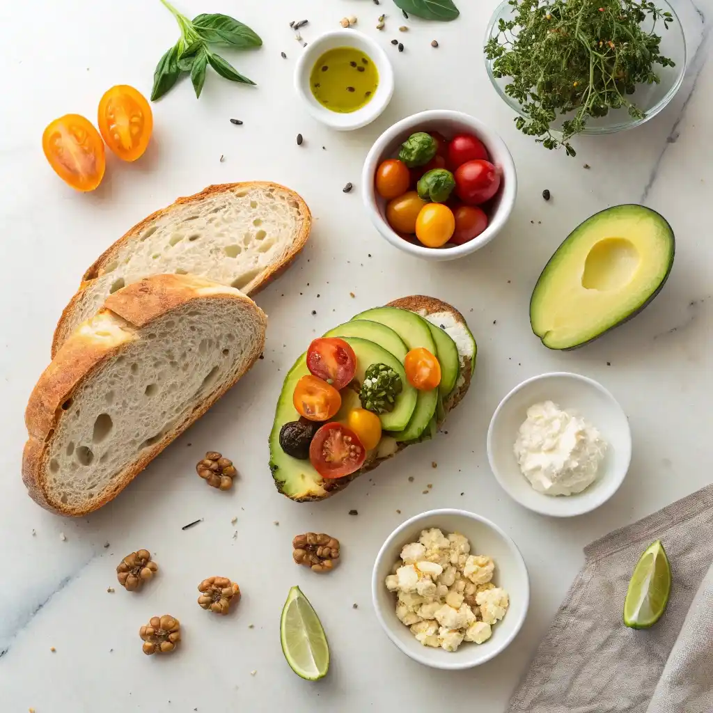 Fresh ingredients for gourmet tomato and herb avocado toast laid out before cooking