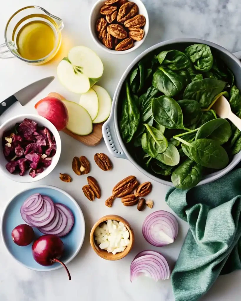 Fresh ingredients for spinach salad laid out before preparing