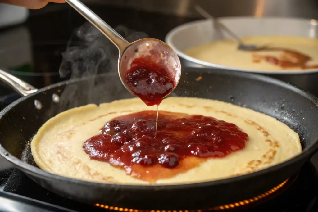 A beautifully styled stack of jam doughnut pancakes with visible jam center