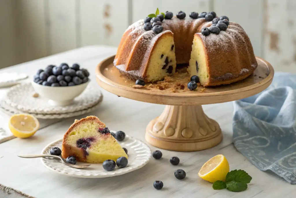 A beautifully styled lemon blueberry pound cake with visible berries