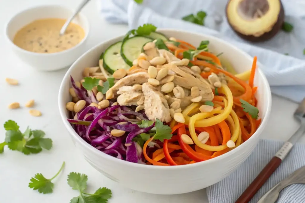 A colorful salmon caesar salad with Greek yogurt dressing on a white platter