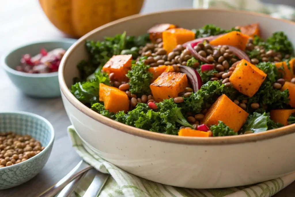 roasted squash and lentil kale salad