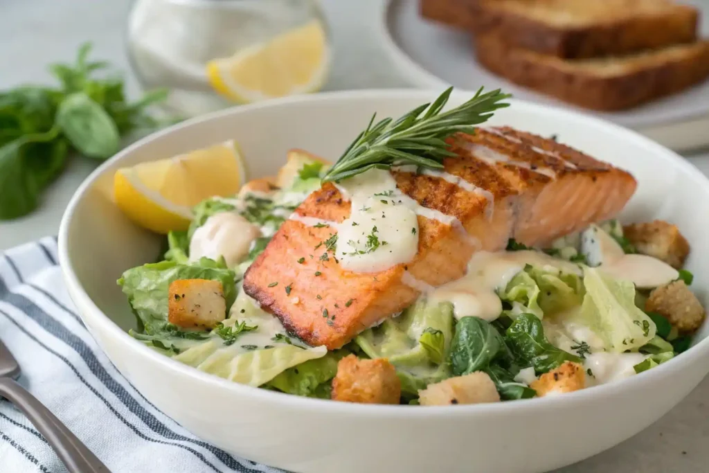 A colorful salmon caesar salad with Greek yogurt dressing on a white platter