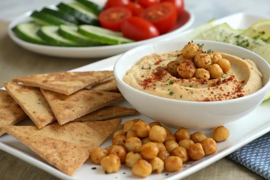 A bowl of golden spiced crispy pitta chips and chickpeas with hummus
