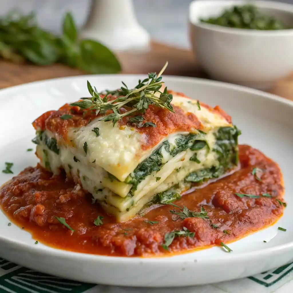 A beautifully styled spinach and ricotta pancake bake fresh from the oven