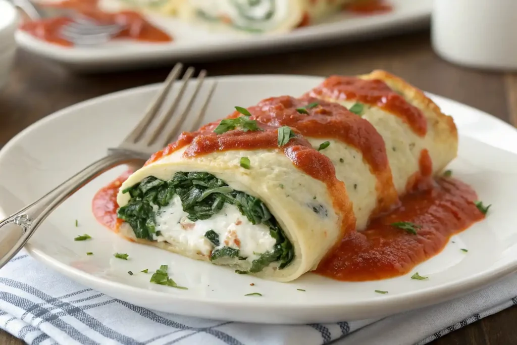 A beautifully styled spinach ricotta and tomato pancake bake fresh from the oven