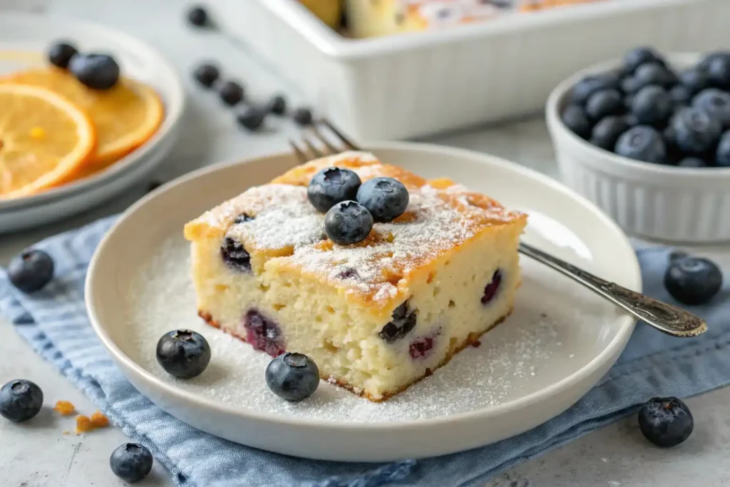 A beautifully styled blueberry and orange traybake pancake dusted with icing sugar