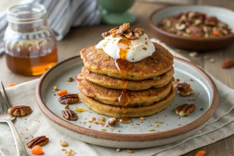 A beautifully styled stack of carrot cake pancakes