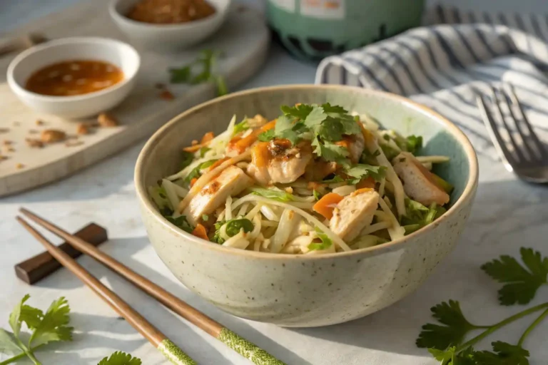 A colorful bowl of chicken and cabbage salad with nuoc cham dressing