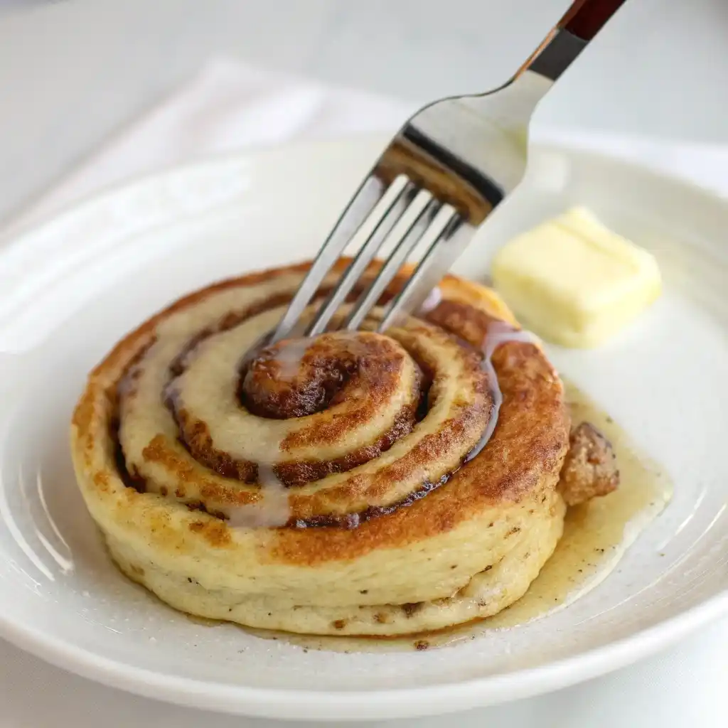 A beautifully styled stack of cinnamon roll pancakes with caramel yogurt