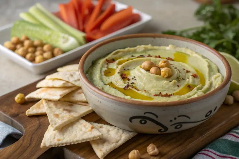 A beautifully styled bowl of creamy artichoke hummus