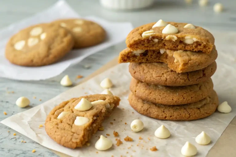 A beautifully styled stack of Biscoff stuffed cookies showing the gooey center