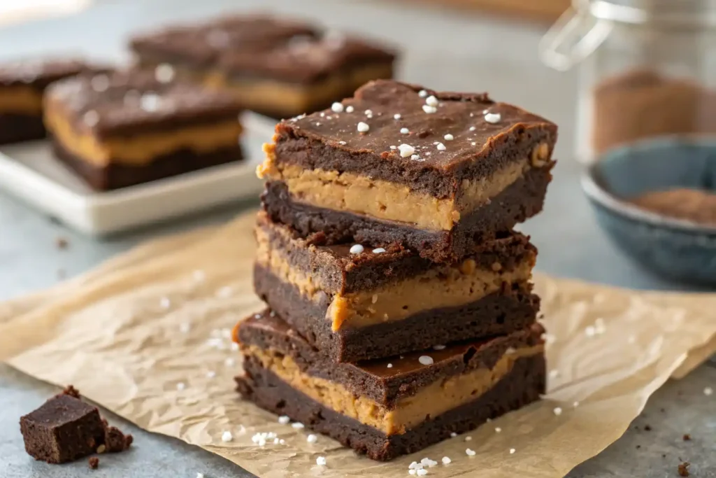 A beautifully styled stack of peanut butter stuffed brownies showing the layers