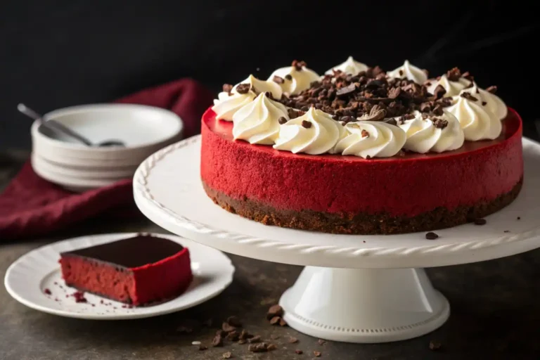 A beautifully styled red velvet cheesecake with whipped cream and chocolate shavings