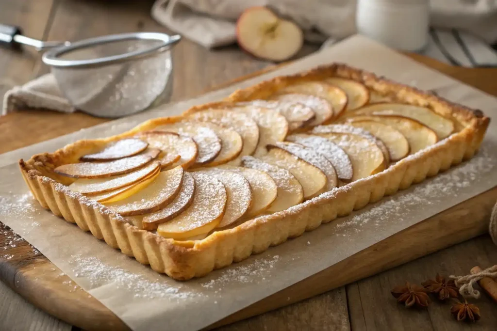 A beautifully styled French apple tart with perfectly arranged apple slices