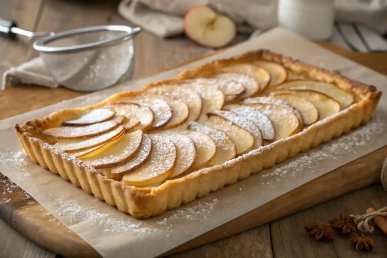 A beautifully styled French apple tart with perfectly arranged apple slices