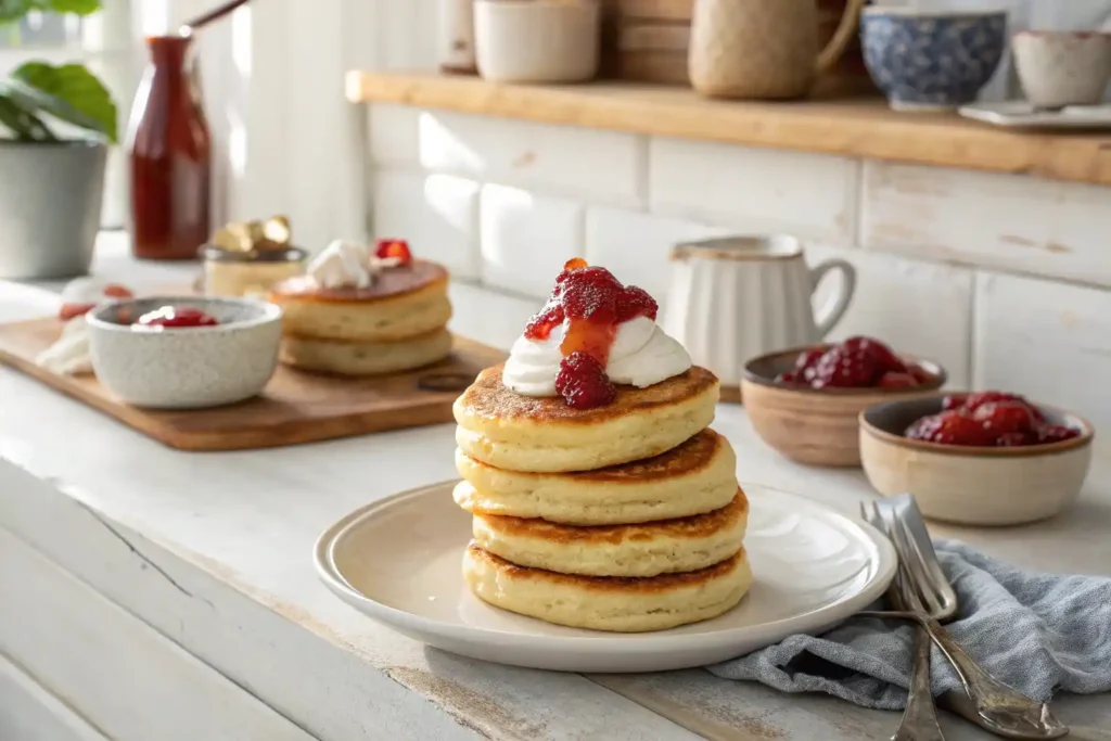 A beautifully styled stack of Australian pikelets with jam and cream
