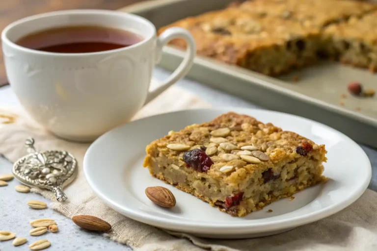 Golden healthier flapjacks cut into squares showing oats, seeds, and dried fruit