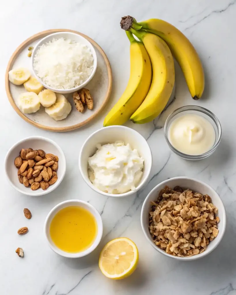 Fresh ingredients for banana salad laid out before cooking