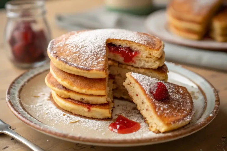 A beautifully styled stack of jam doughnut pancakes with visible jam center
