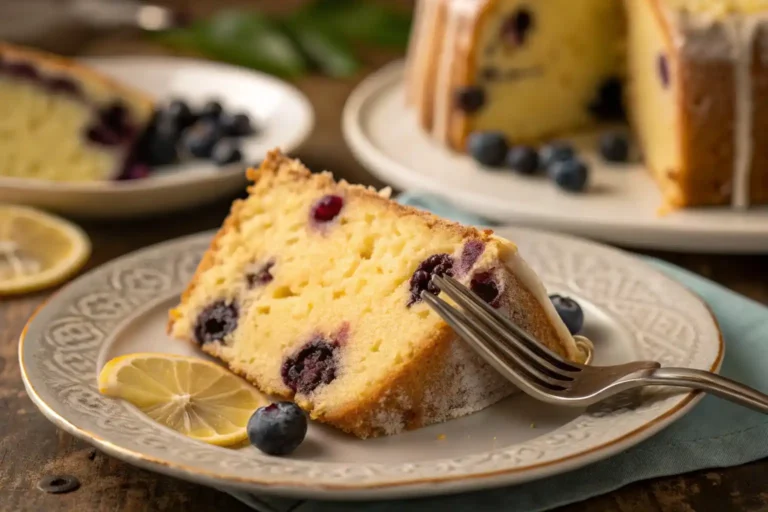 A beautifully styled lemon blueberry pound cake with visible berries