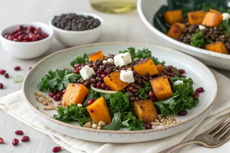 roasted squash and lentil kale salad