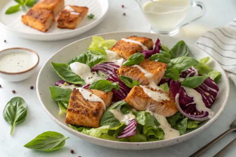 A colorful salmon caesar salad with Greek yogurt dressing on a white platter
