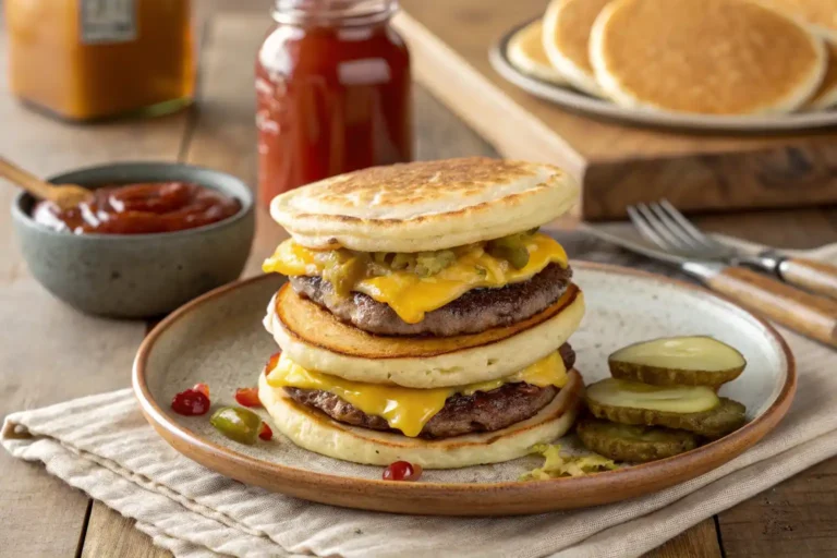 A beautifully styled smash burger pancake