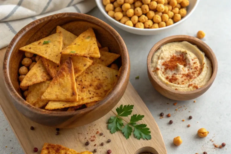 A bowl of golden spiced crispy pitta chips and chickpeas with hummus