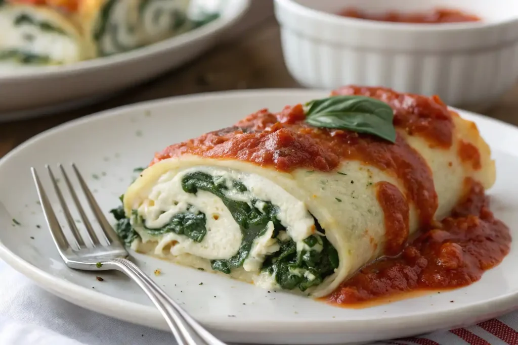 A beautifully styled spinach ricotta and tomato pancake bake fresh from the oven