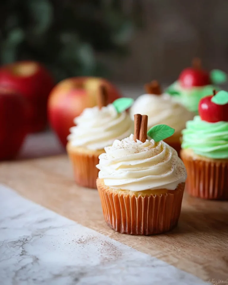 Homemade apple cupcakes topped with caramel frosting and apple slices