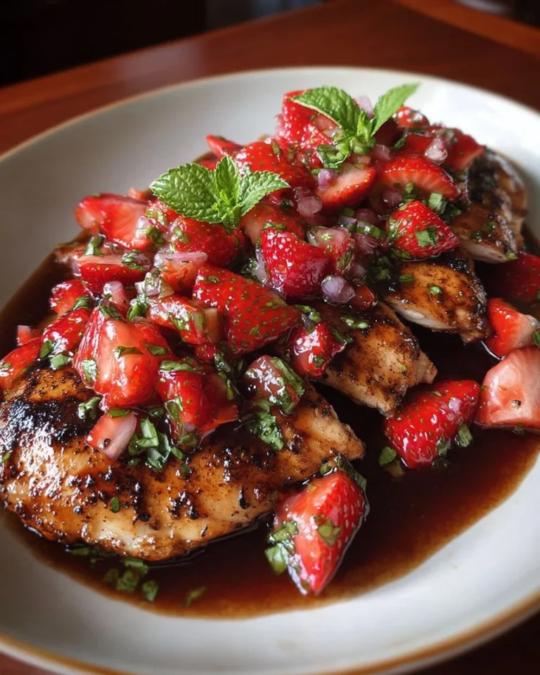 Balsamic chicken served with strawberry basil relish on a plate