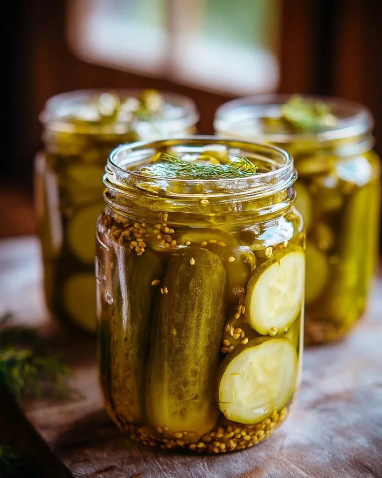 Homemade canned dill pickles in jars on a kitchen counter