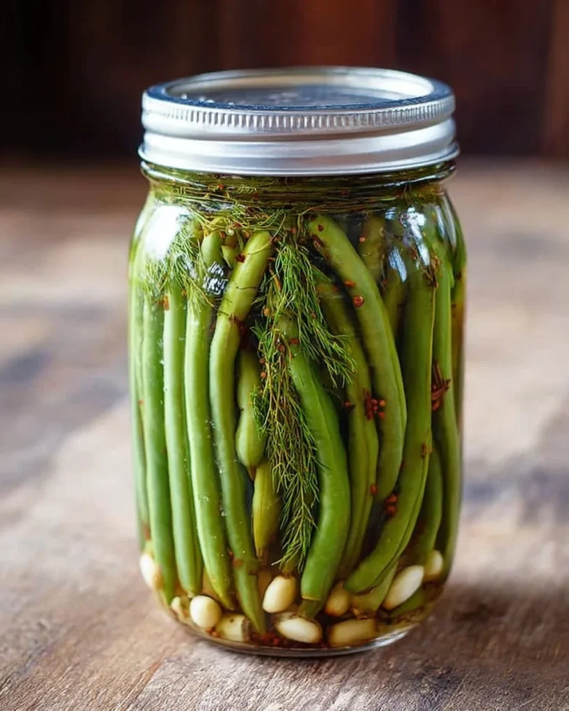 Homemade dilly beans made with vinegar and pickling spice in a jar