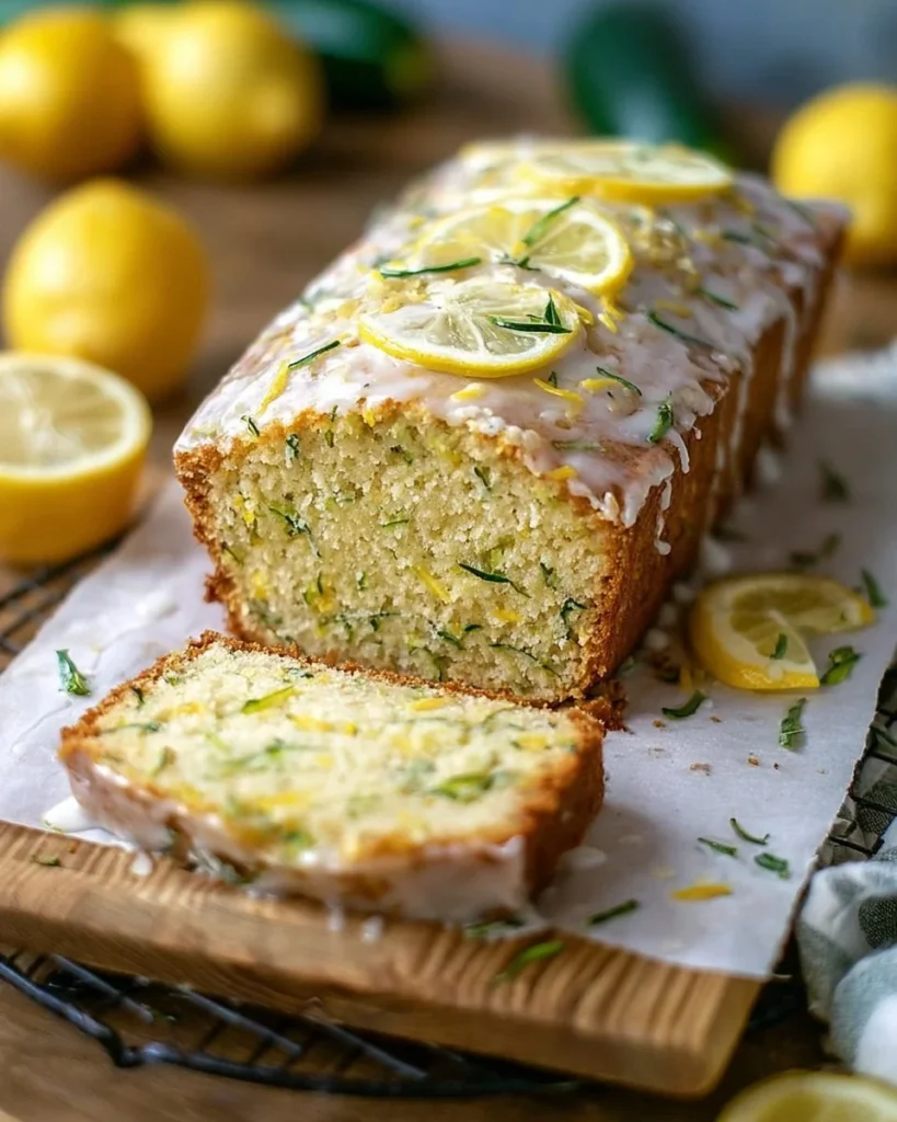 Sliced lemon zucchini bread topped with fresh lemon zest and herbs