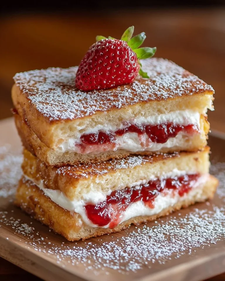 Delicious fried strawberry cheesecake sandwiches served with toppings