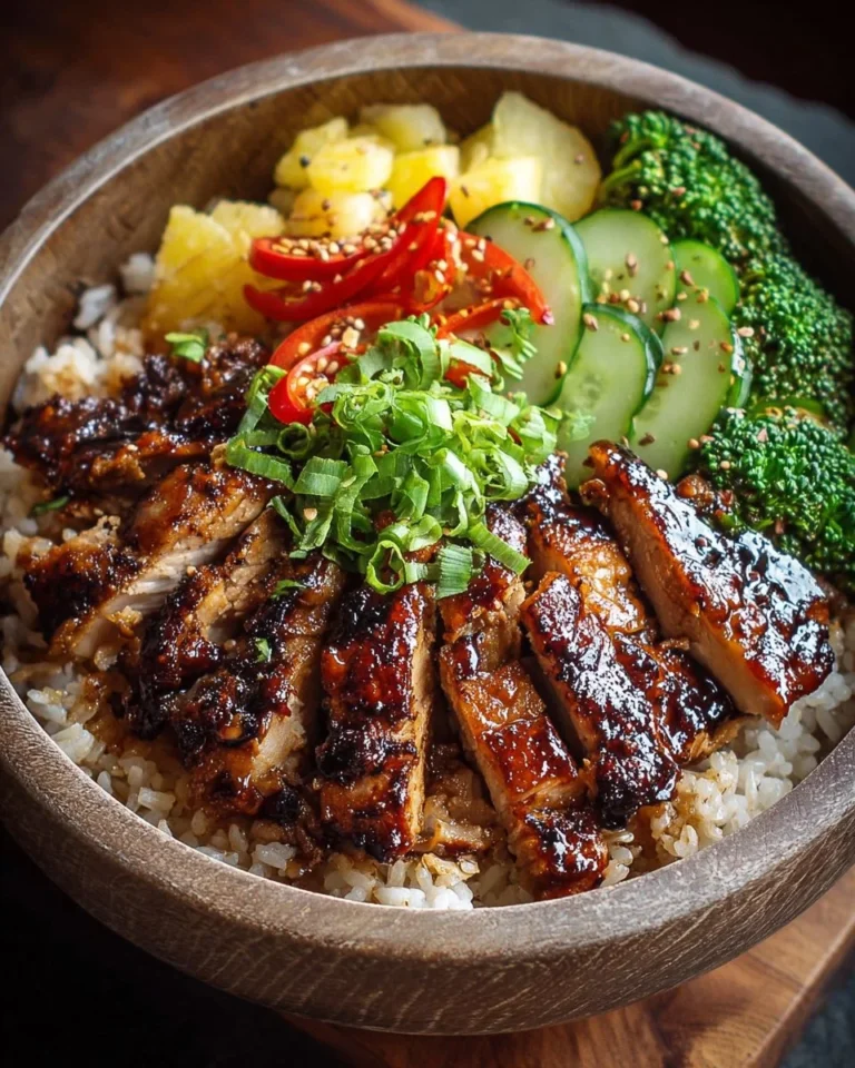 Huli Huli Chicken Rice Bowl topped with fresh herbs and served in a bowl
